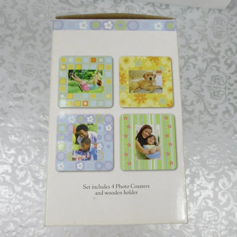 Set of 4 Glass PHOTO Coasters With Holder NIB